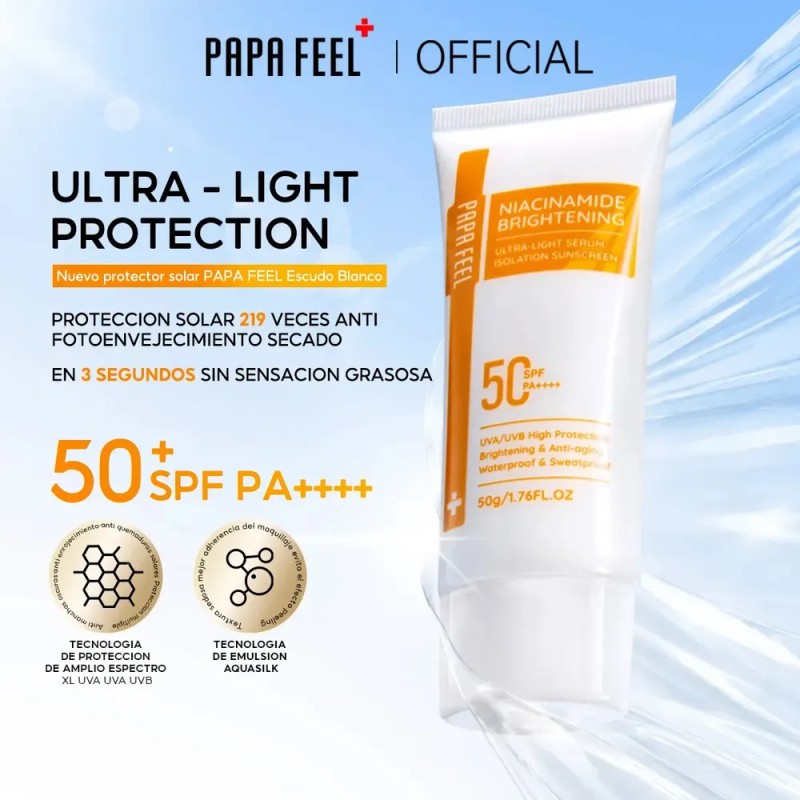 PAPA FEEL Protector Solar Fps50 PA++++ Con centella, Niacinamida, glutathione,