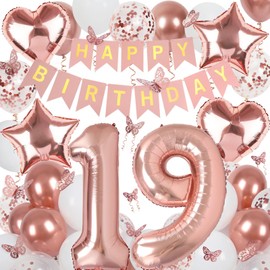 Rose Gold 19th Birthday Decorations for Girl, 19 Year Old Birthday Sign with Happy Birthday Banner, 40In Number 19 Foil Birthday Balloons, Butterfly Decorations, Heart and Star Balloons