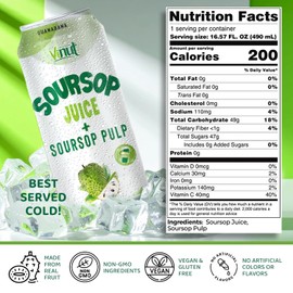 Vinut 100% Soursop Juice With Pulp (16.57 fl oz, Pack 12), No Sugar Added, Real Guanabana Soursop Graviola Drink, Fresh, Natural, Not from Concentrate (NFC)