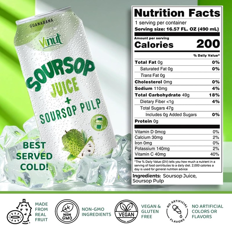 Vinut 100% Soursop Juice With Pulp (16.57 fl oz, Pack