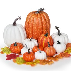 DearHouse 12Pcs Thanksgiving Artificial Pumpkins Set Clearance, Fall Pumpkins with Maple Leaves for Autumn Thanksgiving Holiday Home Decor