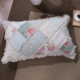 DaDa Bedding Patchwork Pillow Sham - Hint of Mint Floral Cotton Country - Ruffles Pastel Blue/Green - King Size 20" x 36"