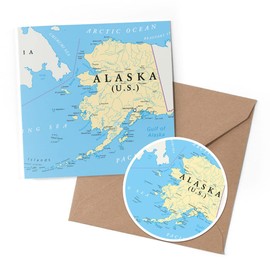 1 x Greeting Card & 10 cm Round Sticker Set - Alaska US State USA America Map - Birthday Thank You Friend Lover Fan Mum Dad Kids #52586