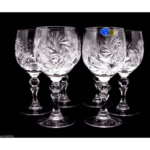 Russian Cut Crystal Red White Wine Glasses Goblets, Stemmed Vintage Design Glassware, 8.5 Oz. Hand Made