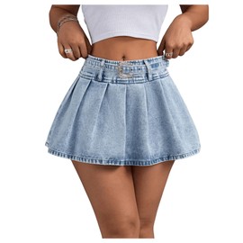 SHENHE Women's Low Rise Pleated Denim Mini Skirt Belted Y2k Summer Jean Mini Skirt Light Wash Large