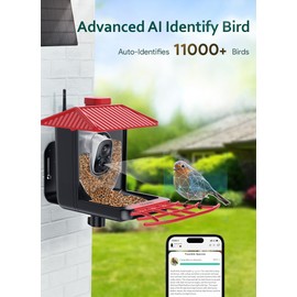 Osoeri Bird Feeder with Camera, Smart AI Identify Wild Bird Feeders Camera, 1080P Auto Capture Bird's Video & Motion Detection, with DIY Add-ons & Hummingbird Feeder, Gifts for Bird Lover (Red Black)