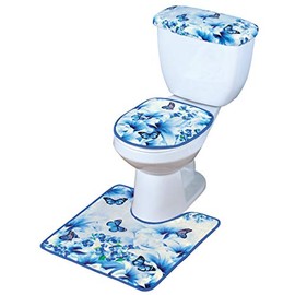 Collections Etc 3 Piece Matching Butterfly Toilet Set - Lid Cover, Tank Cover, Contour Bath Rug