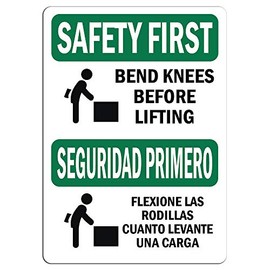 Safety First Sign - Bend Knees When Lifting Bilingual |   Label Decal Sticker Retail Store Sign Sticks to Any Surface 8"