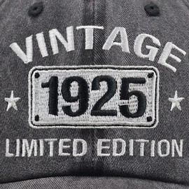 Vintage 1925 Limited Edition Hats for Men Women, 100th Birthday Decorations, 100 Year Old Adjustable Embroidered Baseball Cap Retirement Gifts Mom Dad