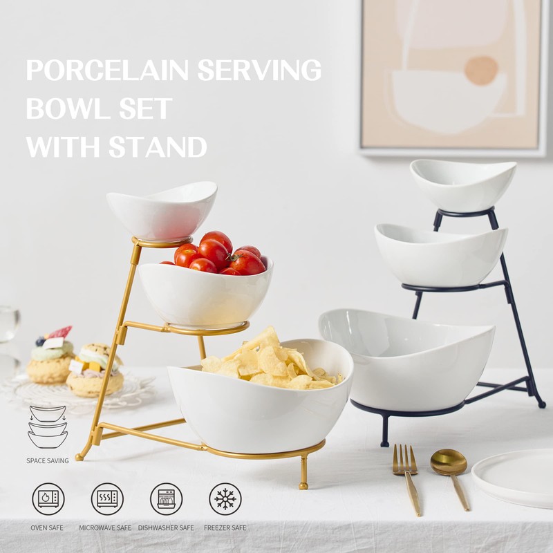 Gomakren 3 Tiered Oval Serving Bowl with Collapsible Metal Rack,