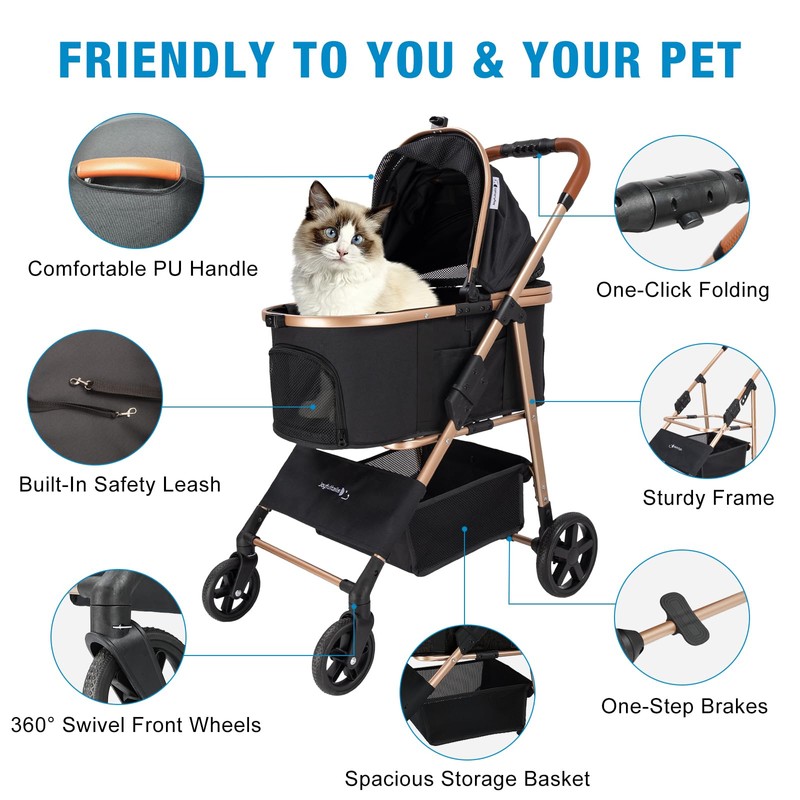 LPOTIUS Pet Stroller for Small/Medium Dogs & Cats, No-Zip Foldable