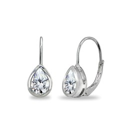 Sterling Silver Genuine or Synthetic Gemstone 7x5mm Teardrop Bezel-Set Dainty Leverback Earrings, Metal, Cubic Zirconia