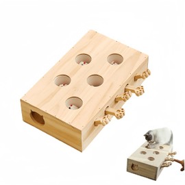 Piegricdiat Whack-a-Mole Interactive Cat Toy,Eco-Friendly Wooden Activity Center with 3 Holes for Engaging Indoor Play & Exercise (Five Holes)