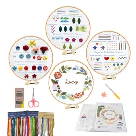 Kikuo 4 Sets Beginners Embroidery Stitch Practice kit, Embroidery Starter Kits with Flowers Plants Pattern, Floral Stitch Hand Embroidery with Embroidery Hoop, Threads and Tools for Craft Enthusiasts