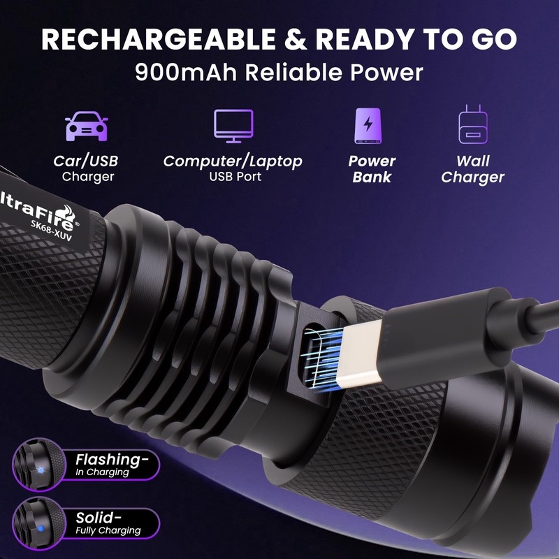 ULTRAFIRE Rechargeable 395nm UV Flashlight Zoomable