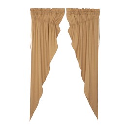 VHC Brands Simple Life Flax Solid Color Cotton Linen Blend Farmhouse Curtains Rod Pocket Drawstring Ties Prairie Panel Pair, Khaki Tan