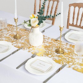 NLUS 2 Pieces Gold Table Runner, 11"x108" Per Roll Sequin Glitter Foil Metallic Gold Thin Mesh Table Runner, Gold Table Decorations for Party Wedding Birthday Christmas Decor