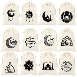 12 PCS Ramadan Drawstring Gift Bags,Eid Mubarak Goody Burlap Bag Small Drawstring Pouch Islamic Cookie Bags Eid al-Adha Islam Eid Iftar Favor Bag for Muslim Islam Party Decorations,13x18cm