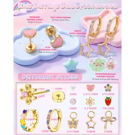 YADOCA Hypoallergenic Earrings for Women Girls, Cute Surgical Steel Earrings for Sensitive Ears ，Gold Flat Back Stud Hoop Charms Toddler Earrings Set for Kids, DIY Screwback Women Earring