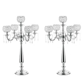 VINCIGANT 2Pack 5 Arm Crystal Candelabra Centerpieces,29.5Inches Tall Silver Metal Candlestick Holders with 5 Flower Bowl Holder for Wedding Ceterpieces Party Decoration