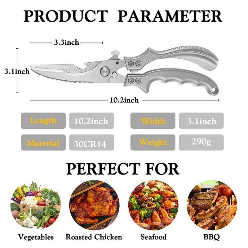 DJLLA Poultry Scissors Kitchen Scissors Silver Stainless Steel Multi-Purpose Scissors