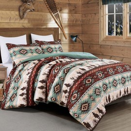 Chezmoi Collection Audun 3-Piece Southwestern Cowboys Aztec Comforter Set - Multicolor Teal Brown Beige Tan Red Printed Washed Microfiber Bedding, Oversized King Size