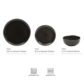 Gibson Soho Lounge Nardini 12 Piece (Service for 4) Plates and Bowls Reactive Glaze Dishes Stoneware Ceramic Dinnerware Set - Black
