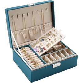 Caja Organizadora de Joyas para Mujer, 2 Niveles, Cuero PU con Cerradura