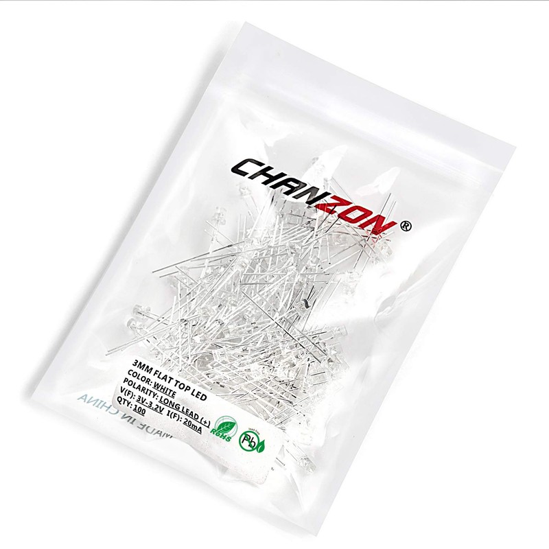 CHANZON 100 pcs 3mm White LED Diode Lights (Clear Flat