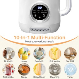 10-in-1 Nut Milk Maker, Electric Bean and Nut Milk Machine, 40oz Soy Milk Maker Blender for Homemade Almond, Oat, Soy, Coconut, Juice, Milkshake with Delay Start/Boil Water/Keep Warm/Auto-Clean, White