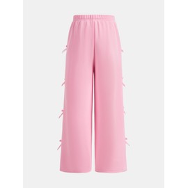 OYOANGLE Girl's Cute Bow Side Elastic Waist Sweatpants Y2K Straight Leg Trousers with Pocket Pink 9Y