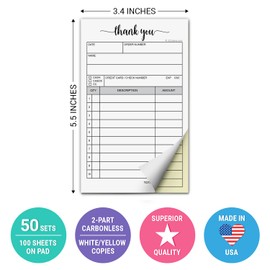 321Done Thank You Receipt Book, Made in USA - 3.4x5.5 Order Form, 2-Part Carbonless Sales Invoice Pad for Small Business - 50 White/Yellow Sets