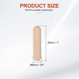 PATIKIL Wooden Dowel Pins 1/4" x 1" (6mm x 25mm) Straight Dowel Rods Wood Fluted Dowels Rods for Crafts Furniture DIY Hardwood Count 100