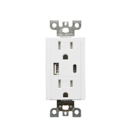 Sunlite 08154 USB Charger and Duplex Receptacle, USB-A/C Ports, DC 4.8A 5A, 15A-125VAC, Decorator Style, Tamper Resistant, White with Cover Plate, for Fast Charging for Mobile Devices, UL Listed