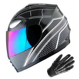 WOW Youth Motorcycle Full Face Helmet Street Bike BMX MX Kids Spider All Black + MX Skeleton Glove Bundle