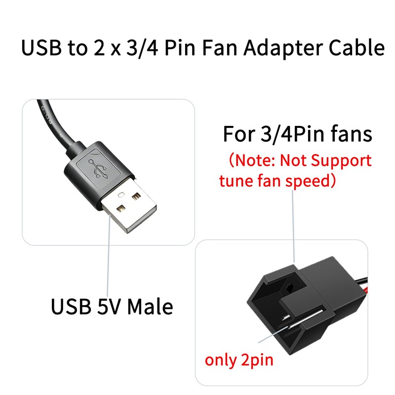 2Pack 5V USB to 3-Pin / 4-Pin PC Fan Power