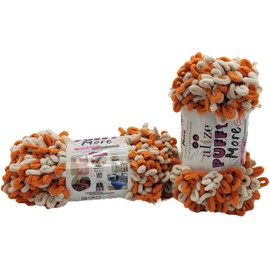 300 g Ilkadim Export Puffy More Knitting Wool, Finger Knitting Yarn, 2 x 150 g Finger Knit, Wool Multicoloured, Super Bulky, Loop Wool, Knitting without Needle (White Orange 6538)