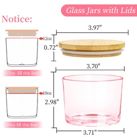 CONNOO 8 Pack 12 OZ Pink Glass Wide Mouth Candle Jars for Making Candles with Airtight Bamboo Lids Nice Sticky Warning Labels for Candle Making Empty Container Bulk - Dishwasher Safe