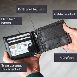 GARZINI Men's Leather Wallet with RFID Protection, Large Wallet with 15 Card Slots and Coin Compartment, Black, black, Classic