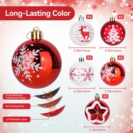 SHAVINGFUN Christmas Ball Decoration Set, Red and White Classic Color Christmas Tree Decorations, Hanging Christmas Tree Decorations, Shatterproof Christmas Decorations Indoor/Outdoor