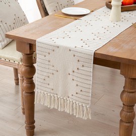 Zkanac Table Runner 90 Inches Long, Boho Style with Handmade Tassels, 70% Cotton & 30% Linen, Modern Farmhouse Home Decor for Living Room (Beige Taupe, 12x90 Inch)