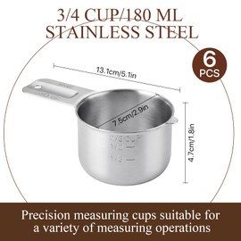 Lainballow 6 pcs 3/4 Cup Measuring Cup, 304 Stainless Steel Measuring Cups, 180 ml | 180 cc | 6 oz | Cat Dog Food Scoop, Metal Measuring Cup with Inner Scale Measurement for Kitchen Baking & Cooking