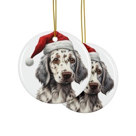 DistinctInk Hanging Ceramic Christmas Tree Ornament with Gold String - Great Gift/Present - 2 3/4 inch Diameter - English Setter Puppy Drawing Design