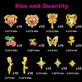 130PCS Gold Nail Charms and Gems,Hearts,Cherry,Rose,Butterfly,Starburst Charms for Nails Design,3D Alloy Y2k Nail Jewels Bulk Nail Art Decor Set