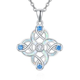 TANGPOET 4 Leaf Clover Necklace 925 Sterling Silver Opal Four Clover Pendant Infinity Celtic Knot Necklace Valentines Day Jewellery Gifts for Women Ladies Girls