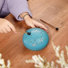 Steel Tongue Drum, 6 Inch 8 Note Steel Hand Drum with Bag, Music Book, Drumsticks, Mallet Holder and Finger Paddles, for Camping, Meditation or Yoga (Moss Blue)