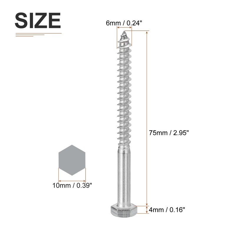 DTGN M6x75mm Hex Lag Bolts -15 Pack - for Woodworking,