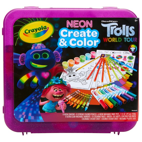 Crayola Trolls World Tour, Neon Create & Color Art Set, Over 70 Art Supplies, Gift for Kids, 5, 6, 7, 8