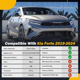 Side Mirror Compatible With KIA Forte 2019 2020 2021 2022 2023 2024, W/Blind Spot Indicator/Heated/Manual Folding/Power Glass Door Mirror Replace ‎87620M7090 KI1321225 (8pins,Right Passenger)