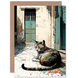 Artery8 Street Cat Sunbathing on Cobblestone Street Modern Illustration Art Birthday Sealed Greeting Card Plus Envelope Blank inside